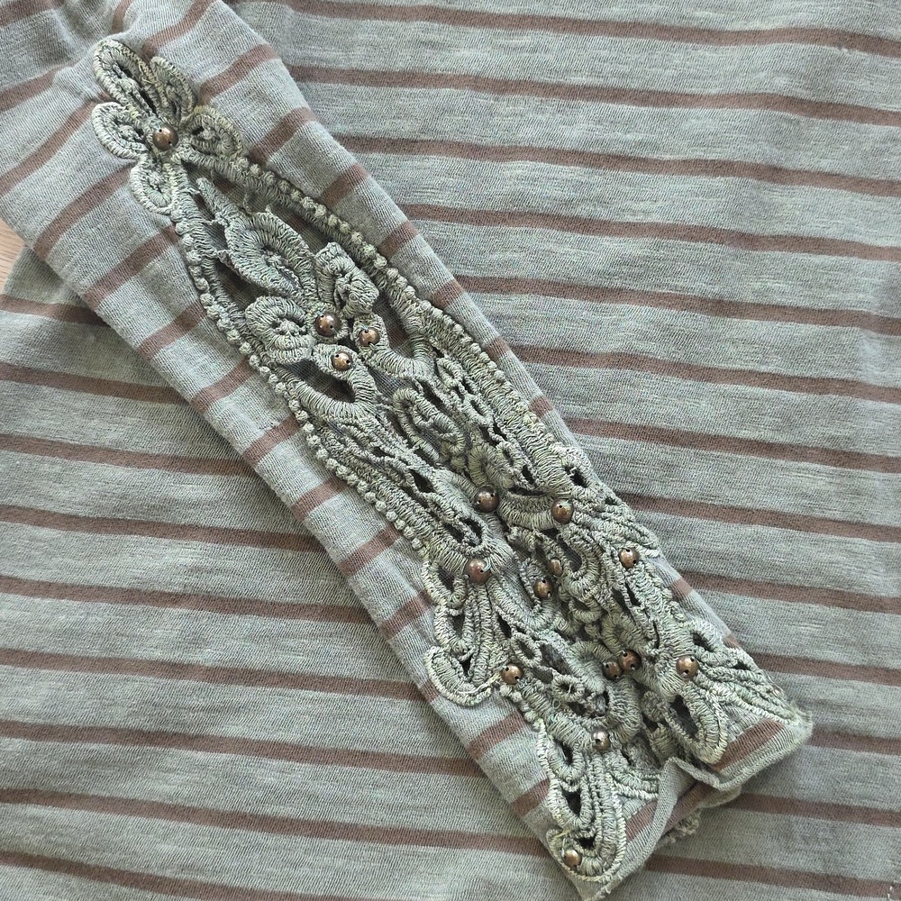 Free People Striped Olive Green Lace-Sleeve Women's Top - Picture 4 of 11